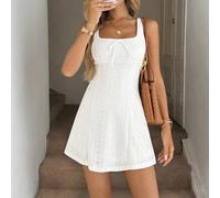 Weißes strukturiertes Stoff-Trägerkleid in Midi-Länge für Damen, geeignet für romantische, ländliche, Date-Anlässe, Urlaub im Frühling/Sommer