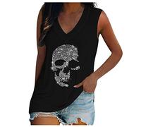 WeißEs Top Mit Spitze Gothic Ung Damen Spitzen Oberteile Damen Sexy Glittering Diamante SchäDel Aufdruck Weste V-Ausschnitt ÄRmellos Basic Camisole Sommer Casual Bauchfrei T-Shirt (Schwarz, 3Xl)