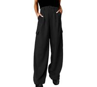Weite Damen Businesshose mit Tasche Lässig Einfarbig Damen Hose mit weitem Bein Elastische Taille Lockere Hose Damen Knopf Gerade Lange Hose(Schwarz, L)