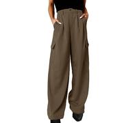 Weite Damen Businesshose mit Tasche Lässig Einfarbig Damen Hose mit weitem Bein Elastische Taille Lockere Hose Damen Knopf Gerade Lange Hose(Kaffee, XL)