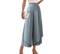 Weite Hose Damen, Damen-Chiffon-Hose Mit Weitem Bein Solide Halbe Elastische Taille Palazzo-Hose Elegante Fließende Plissierte Culottes-Hose Sommermode Leichte Luftige Kurz Geschnittene Hose Hellbl