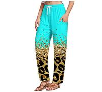 Weite Hose Damen Elegant Damen Yoga Hose Sommerhose Damen Leicht High Waist Elastische Taille Leoparden Druck Freizeithose Mit Taschen Tunnelzug Stretch Jogginghose Freizeithose Damen (Cyan, Xl)
