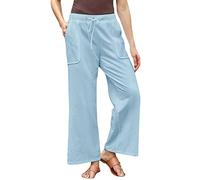 Weite Hose Damen Jeans Hosen Damen Damenhosen Kurzgrößen Stretch High Waist Einfarbiges Tunnelzug Sommerhose Mit Taschen Baumwoll Leinen Locker Chino Hose Leicht Stoffhose Jeans Damen (Hellblau, M)