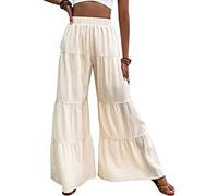 Weite Hose Damen, Leinen-Culottes-Hose Damen-Hose Mit Weitem Bein Schlicht Elastisch Mit Hoher Taille Palazzo-Hose Elegant Mehrlagig Mit Rüschen Palazzo-Hose Boho-Strandhose Oceanside-Hose,Apricot,