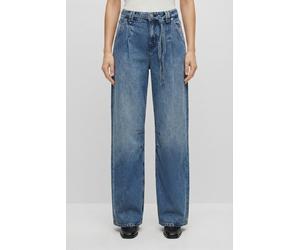 Weite Jeans BOSS ORANGE "PLEATED BARREL 1.0 Premium Damenmode", Damen, Gr. 32, Länge 32, medium blau 422, Denim/Jeans, Obermaterial: 61% Baumwolle, 39% Lyocell, unifarben, lang, Jeans, mit Bindegürtel