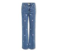 Weite Jeans KIDS ONLY "KMGJUICY WIDE LEG HEART EMB JEANS NOOS", Mädchen, Gr. 104, N-Gr, light medium blau denim aop:pink heart embroidery, Denim/Jeans, Obermaterial: 98% Baumwolle, 2% Elasthan, weit n