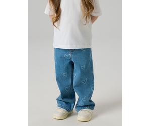 Weite Jeans NAME IT "NMFROSE WIDE AOP JEANS 4044-ON NOOS", Mädchen, Gr. 128, N-Gr, medium blau denim aop:heart, Denim/Jeans, Obermaterial: 74% Baumwolle, 24% Polyester, 1% Elasthan, 1% Viskose, Abrieb