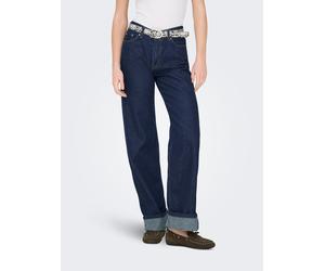 Weite Jeans ONLY "ONLELLA MW WIDE FOLDUP DNM TAI988", Damen, Gr. L (40), Länge 32, blau (dunkelblau denim detail:rinse), Denim/Jeans, Obermaterial: 100% Baumwolle, unifarben, lang, Jeans, Baumwolle, r