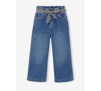 Weite Paperbag-Jeans mit en Stoffgürtel Mädchen, Bundweite verstellbar blau Gr. 128 von Vertbaudet