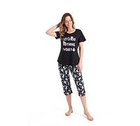 Weite Pyjama Damen Kurz Set,Capri Schlafanzug Sommer Baumwollmischung,Bequemen Lounge Set Zweiteiler Oberteil und 3/4 Hose für Frauen Freizeit Mädchen Women Nachthemd,Schwarzer Faultier Größe 36-38