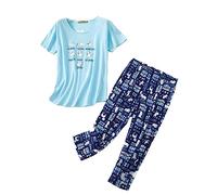 Weite Pyjama Damen Kurz Set,Capri Schlafanzug Sommer Baumwollmischung,Bequemen Lounge Set Zweiteiler Oberteil und 3/4 Hose für Frauen Freizeit Mädchen Women Nachthemd,Blaue Katze Größe 36-38