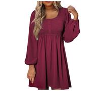 Weites Kleid Damen Damen 2024 Freizeitkleid, gesmokt, Rundhalsausschnitt, Knopfleiste, Lange Ärmel, Empire-Taille, A-Linie, Minikleid Sweatshirt Kleid Damen Schwarz (L)