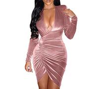 WEITING 4 Farben Damen Casual Langarm Sexy Kleid Damen Mode Einfarbig V-Ausschnitt Plissee Skinny Samtkleid - Rosa, M