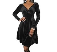WEITING 5 Farben Damen Samtkleid V-Ausschnitt Langarm Einfarbig A-Linie Kleider Kleidung für Club Party Hochzeit - Schwarz, XL
