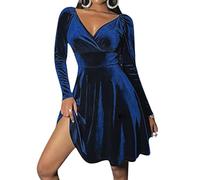 WEITING 5 Farben Damen Samtkleid V-Ausschnitt Langarm Einfarbig A-Linie Kleider Kleidung für Club Party Hochzeit - Blau, XL