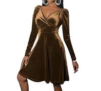 WEITING 5 Farben Damen Samtkleid V-Ausschnitt Langarm Einfarbig A-Linie Kleider Kleidung für Club Party Hochzeit - Kastanienbraun, XL