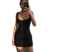 WEITING 5 Farben Damen Sommer Sexy Kleid Mädchen Einfarbig Tiefer Schnitt U-Ausschnitt Casual Slim Skinny Minikleid Urlaub Chic Mode Outfits - Schwarz, S