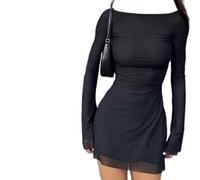 WEITING 90er Jahre Vintage Urlaub Indie Frauen Elegantes schwarzes Mesh-Minikleid Streetwear Chic Sexy rückenfreie Kleider mit Langen Ärmeln Grafische Kleidung-Schwarz, S