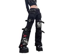 WEITING American Punk Style Schwarze Jeans für Damen, Sommer, Streetwear, Graffiti, Cargohose, Metallschnalle, modisch, Vintage, gerade ausgestellte Hose, Schwarz, Größe L - 50 - 55 kg
