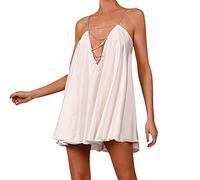 WEITING Ausgehöhlte Kette Damen Slip Kleid Sexy Ärmellos V-Ausschnitt Rückenfreies A-Linie Kleid Elegant Abend Party Kleid - Weiß, S