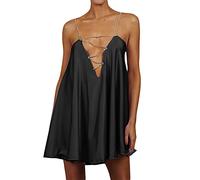 WEITING Ausgehöhlte Kette Damen Slip Kleid Sexy Ärmellos V-Ausschnitt Rückenfreies A-Linie Kleid Elegant Abend Party Kleid - Schwarz, S
