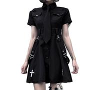 WEITING Bedrucktes Punk-Harajuku-Mini-Hemdkleid, Straßenfrauen, Verstellbarer Buck-Riemen, Hip-Hop-Gothic-Damen-Cargokleid-1,XL