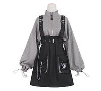 WEITING Damen Goth Girls Punk Minirock Hohe Taille Lange Ärmel Kapuzenkragen Sexy Grau Schwarz Lolita Neu-Schwarz Langarm,XXL