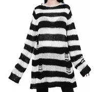 WEITING Damen-Hohlstrickpullover, Erwachsener Farbblock-Streifenmuster-Langarmpullover mit Rundhalsausschnitt für Frühling und Herbst-d-Einheitsgröße