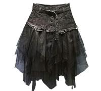 WEITING Damen-Jeansrock mit hoher Taille, Mesh-Einsatz, kurz, unregelmäßig, Y2K-Gothic-Tutu-Tüllröcke mit Taschen, Gürtel, Schwarz, S