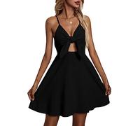 Damen-Minikleid aus Leinen mit Schleife, Ausschnitt, V-Ausschnitt, Kurze Kleider, Träger, rückenfrei, fließendes Kleid