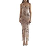WEITING Damen Vintage Leopard Blumendruck Langes Kleid Elegant Rückenfrei Spaghettiträger Bodycon Langes Kleid Sexy Y2K Club Party Kleid-A,S