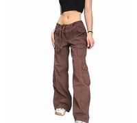 WEITING Damenhose Goth Punk Lose Retro Kawaii Hose Bandage Low Rise Cargohose Grunge Grün Reißverschluss Jeans Koreanische Jogginghose-Hellbraun-L