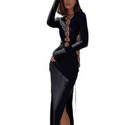 WEITING Damenmode, Frühling und Herbst, einfarbig, Rundhalsausschnitt, Lange Ärmel, langes Kleid, Kreuzbindung, Ausschnitt, hoher Schlitz, Partykleid, Schwarz, L