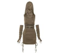 WEITING Dark Cyber Y2k Punk Kordelzug Minikleider Vintage Gothic Kapuzen figurbetontes Cargokleid Damen Streetwear Handschuhärmel Outfits.-Braun-S