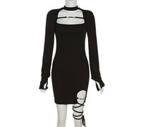 WEITING Dark Y2k Sexy Bandage Damen Kleider Techwear Hollow Out Langarm Minikleid Gothic Grunge Schwarz Skinny Partywear - Schwarz, S