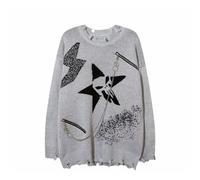 WEITING Deeptown Goth Punk Damen Ripped Strickpullover Gothic Vintage Pullover Grunge Y2k Strickwaren Übergroße Herbstmode Harajuku-Grau-XXL