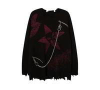 WEITING Deeptown Goth Punk Damen-Strickpullover mit Rissen, Gothic-Vintage-Pullover, Grunge-Y2k-Strickwaren, übergroße Herbstmode, Harajuku-Schwarz-XL