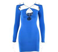 WEITING Doppellagiges schlankes Damenkleid Langarm Sexy Low-Cut Damen Kleider Ausgehöhlte rückenfreie Damenbekleidung-Blau, S