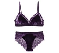 WEITING Dreieckige Körbchen, kabelloser Samt-BH mit Spitzen-BH Set Unterwäsche mit abnehmbaren gepolsterten sexy Dessous Frauen Bralette Intimates-Lila, M