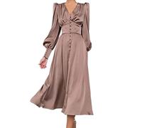 WEITING Einreihiges, elegantes Kleid für Frauen, Partymantel, hohe Taille, Satin, langes Kleid, schicke Midi-Kleider, Laternenärmel, Braun, XS