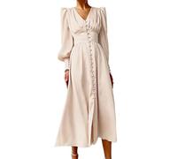 WEITING Einreihiges, elegantes Kleid für Frauen, Partymantel, hohe Taille, Satin, langes Kleid, schicke Midi-Kleider, Laternenärmel, Beige, L