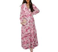 WEITING Elegantes Damen-Maxikleid mit tiefem V-Ausschnitt, gerüschtes Blumenmuster, lockerer Saum, Damen-Robe-wie abgebildet_a-S