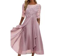 WEITING Europäisches und amerikanisches Frühlings- und Sommer-Brautjungfer-Abendkleid, Spitze, halbärmeliges, hohles Chiffon-Kleid-Rosa-L