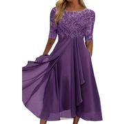 WEITING Europäisches und amerikanisches Frühlings- und Sommer-Brautjungfer-Abendkleid, Spitze, halbärmeliges, hohles Chiffon-Kleid-Lila-M