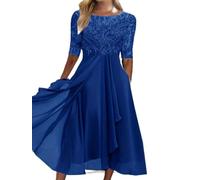 WEITING Europäisches und amerikanisches Frühlings- und Sommer-Brautjungfer-Abendkleid, Spitze, halbärmeliges, hohles Chiffon-Kleid, Blau, L