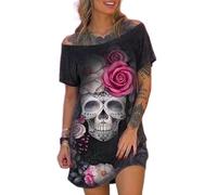 WEITING Europäisches und amerikanisches großes Kleid, modischer und sexy, kurzärmliger, kurzer Rock mit schräger Schulter und Totenkopf-Print für Damen - Schwarz - 3XL