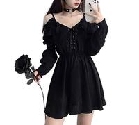 WEITING Frauen Kleid Plus Size Lace Up Schwarz Herbst Sexy Hohe Taille Femme Kleider Schulterfrei Langarm Gothic Kleidung-schwarz, M
