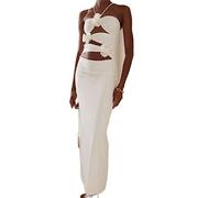 WEITING Frauen Sexy Halter Aushöhlen Langes Kleid Y2K Off Schulter Rückenfreies Dünnes Kleid 3D Blumen Nacht Party Clubwear