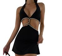 WEITING Frauen Sexy Kleid Sommer Kleidung Strass V-Ausschnitt Tie-Up Neckholder Taille Ausschnitt Ärmelloses Rückenfreies Mini Kleid Club Streetwear-aM