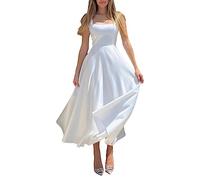 Frauen Sommer Casual Midi Kleid Low Cut Ärmel Einfarbig Spitze Trim Tasten Kleid Backless A-Linie Mode Party